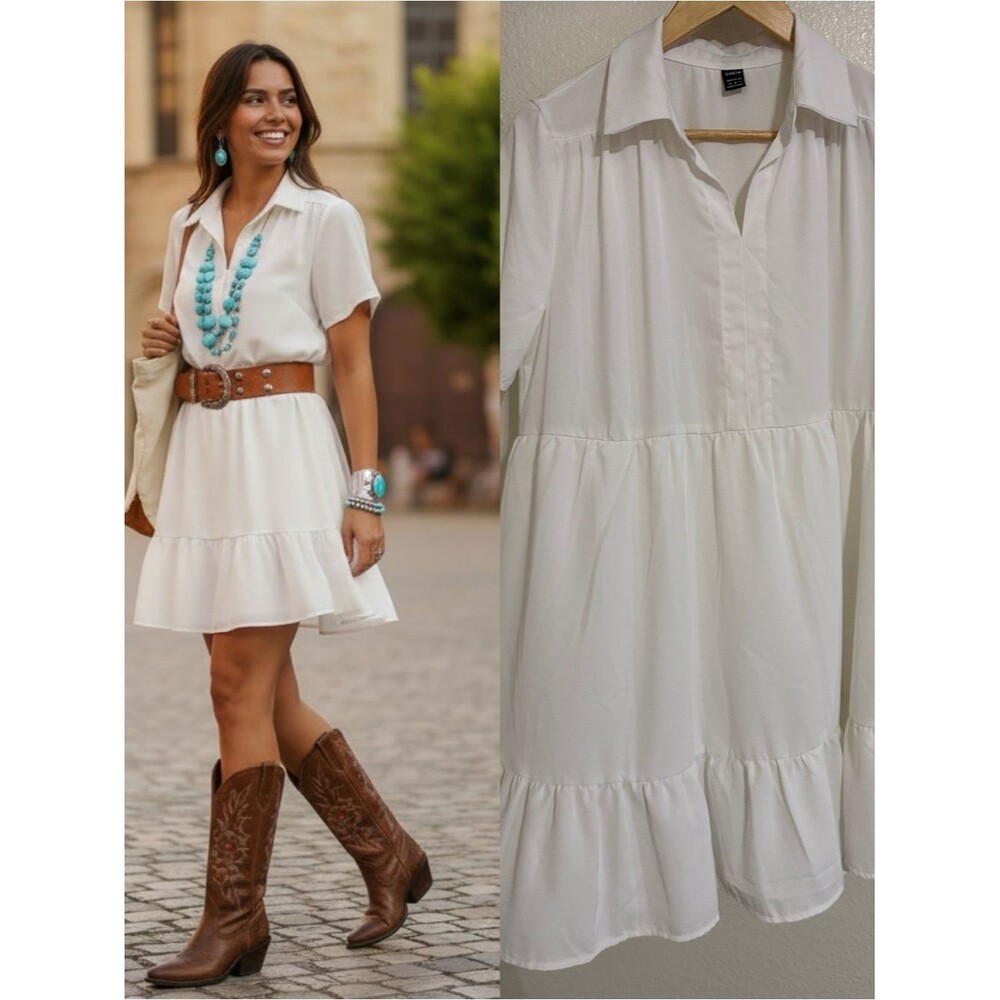 SHEIN White Collared Tiered Mini Dress Size Medium